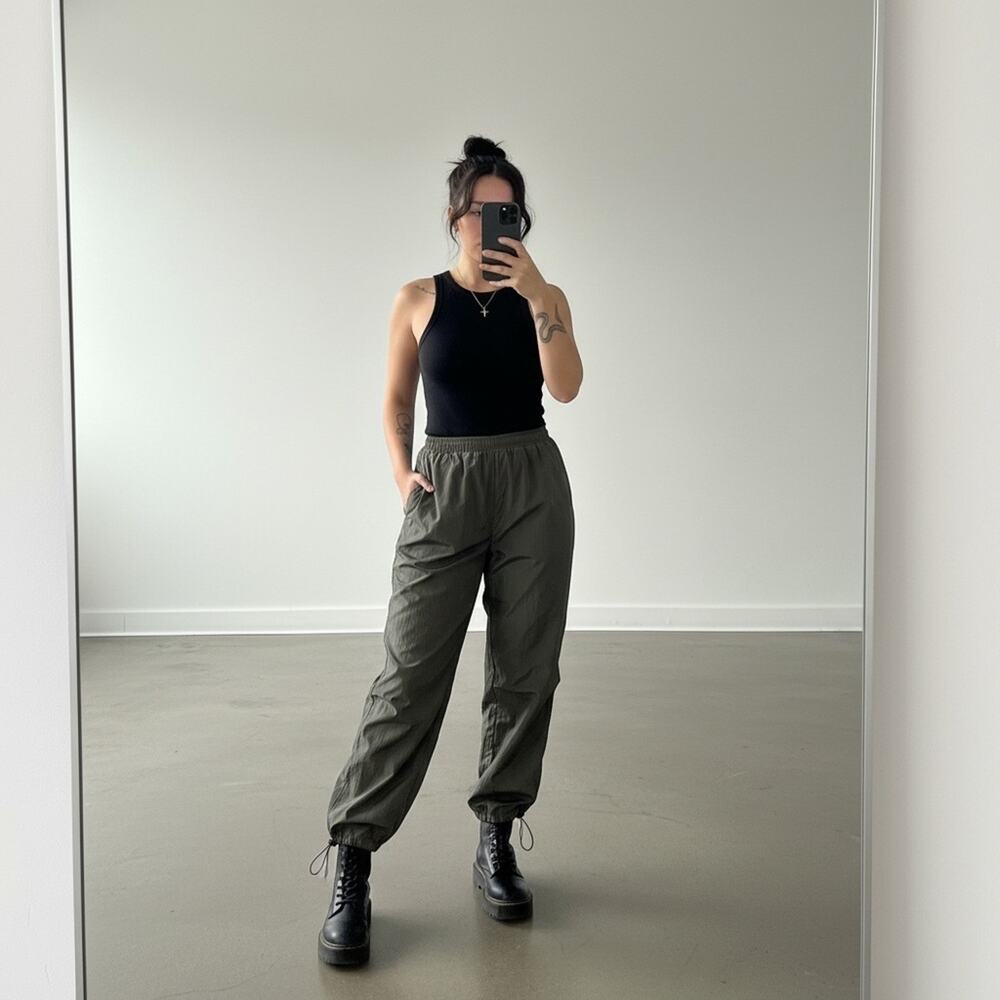 Nylon Elastic Waist Track Pants with Bungee Adjustable Ankles in Khaki Green